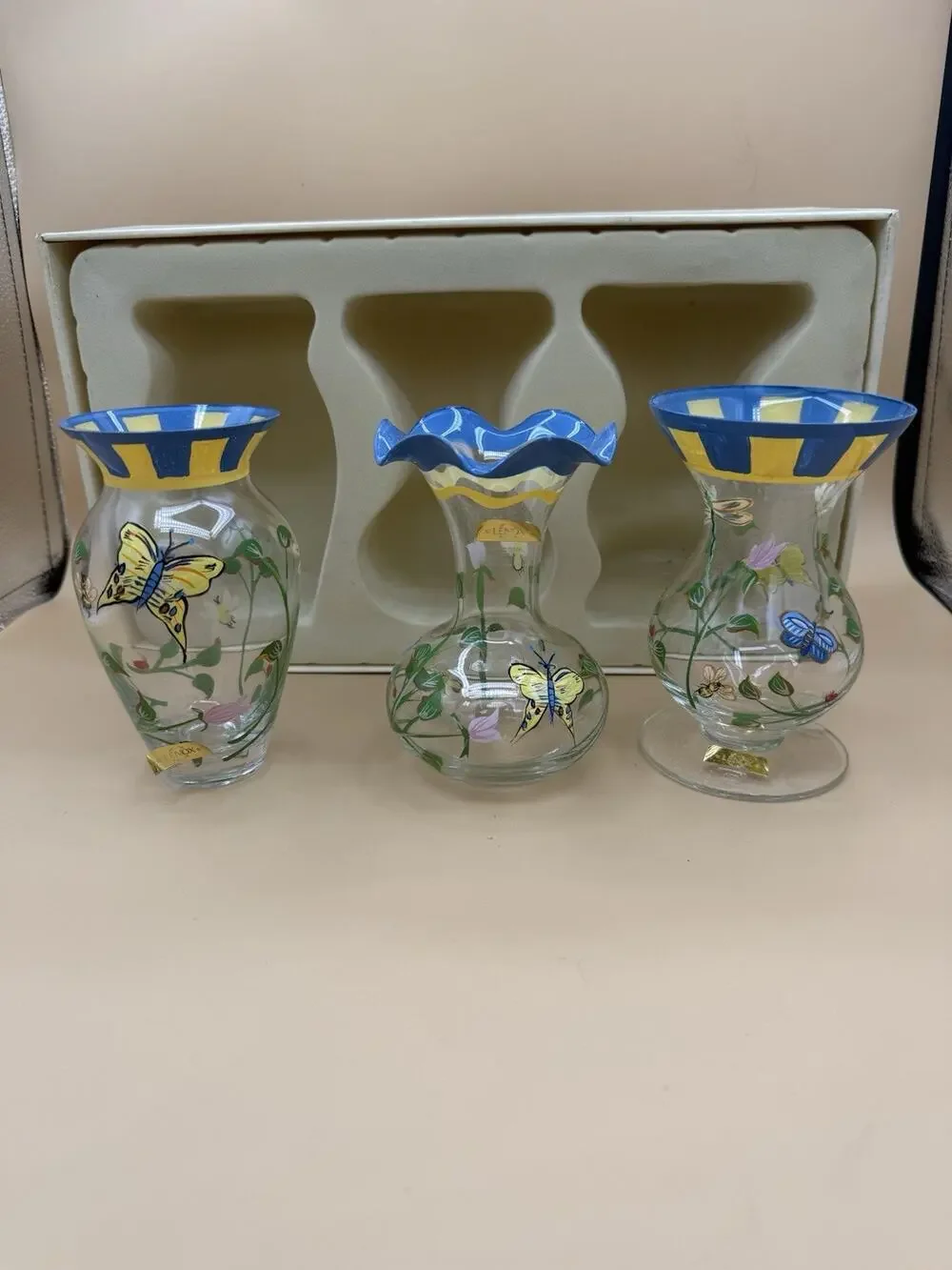 Lenox Hand Painted Glass Bud Vases Blue Yellow Butterfly Floral Design Set of 3